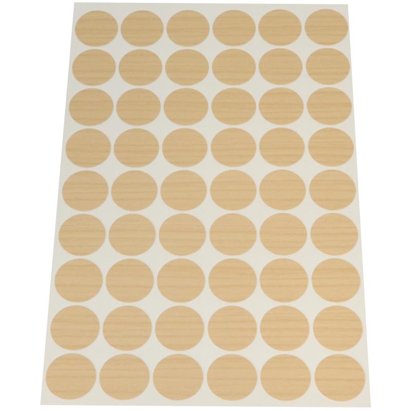 Adhesive PVC screw cover, maple finish (sheet of 54 stickers), 20 mm diameter