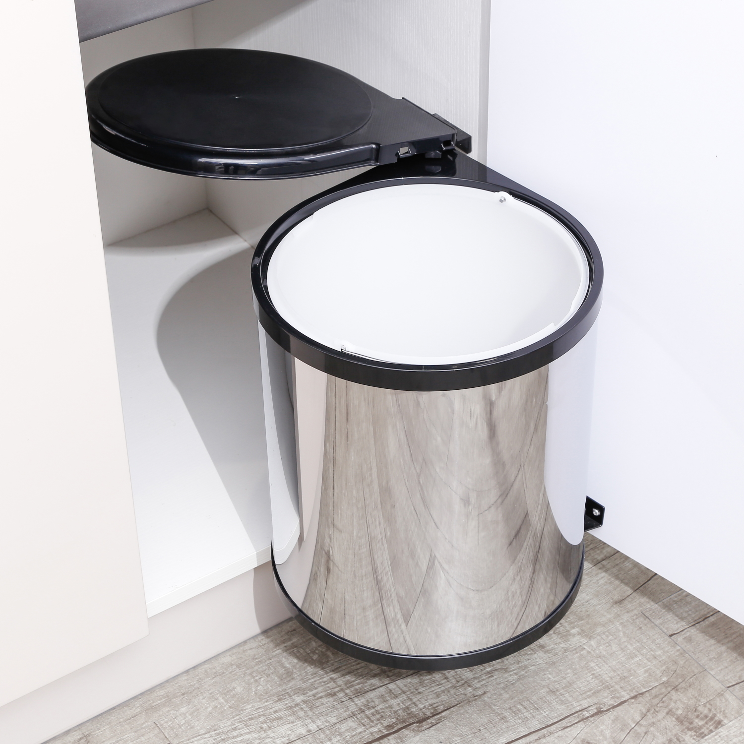 Image Swing out round stainless steel and white waste bin , 14 L