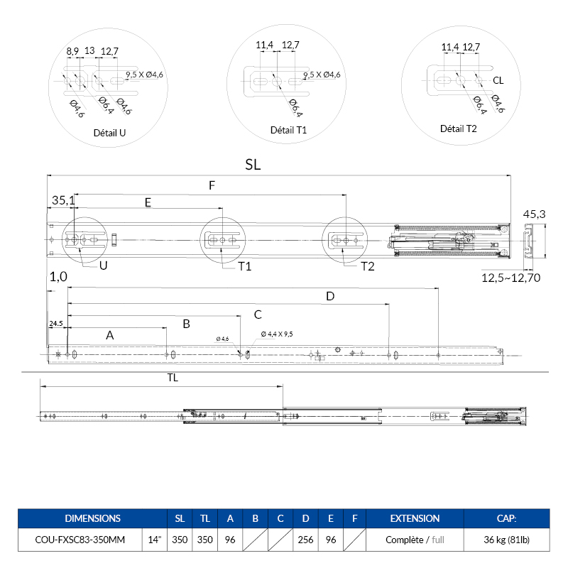 HBJSkcn Glissière De Tiroir À Extension Complète, Roulement À Billes Amorti (à Fermeture Progressive), Rail À 3 Sections, 12 In / 30cm-50cm